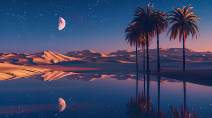 A tranquil desert oasis under a moonlit sky, with palm trees casting long shadows on the shimmering sand dunes