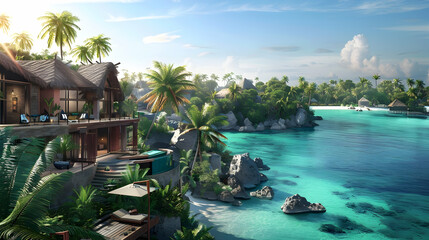 A tropical lagoon with palm-fringed islands and turquoise waters, overlooked by cliffside villas