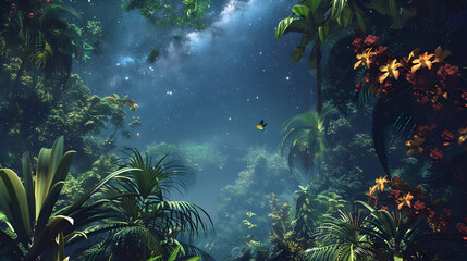 A tropical rainforest canopy with vibrant orchids and toucans, under a clear canopy of stars at night