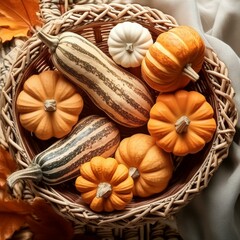 A close-up of fall ingredients, like pumpkins and squash, arranged artfully in a basket.