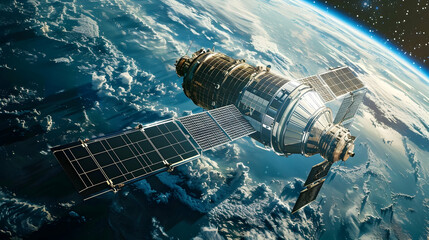 An aerial view of a futuristic space station orbiting Earth, with solar panels and communication antennas