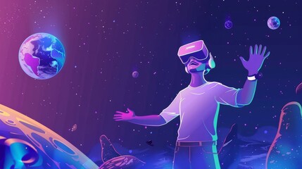 Obraz premium Metaverse people, banner of couple, man and woman wearing virtual reality headsets, exploring immersive VR world, playing ar online game together