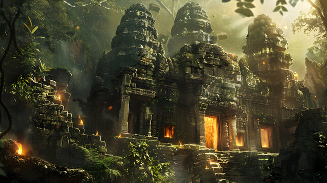 An ancient temple ruins among a dense jungle, with torches casting flickering light on weathered stone carvings