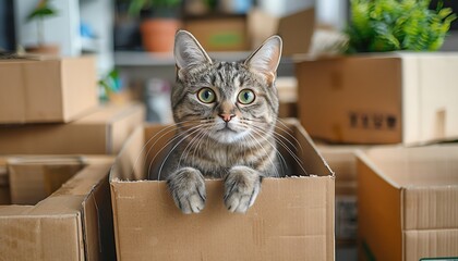 Fototapeta premium A curious domestic cat sits inside a cardboard box, surrounded by more boxes during a home move or playtime