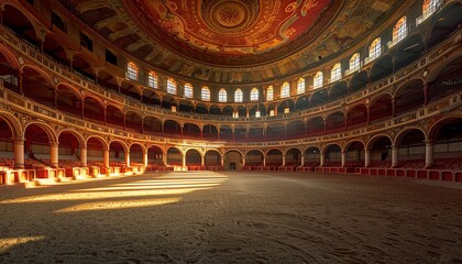 Obraz premium The majestic interior of a historic bullring, showcasing the sweeping curves of seating tiers and the sandy arena floor