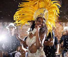 Woman, costume and carnival as samba parade with music, performance and energy for celebration....