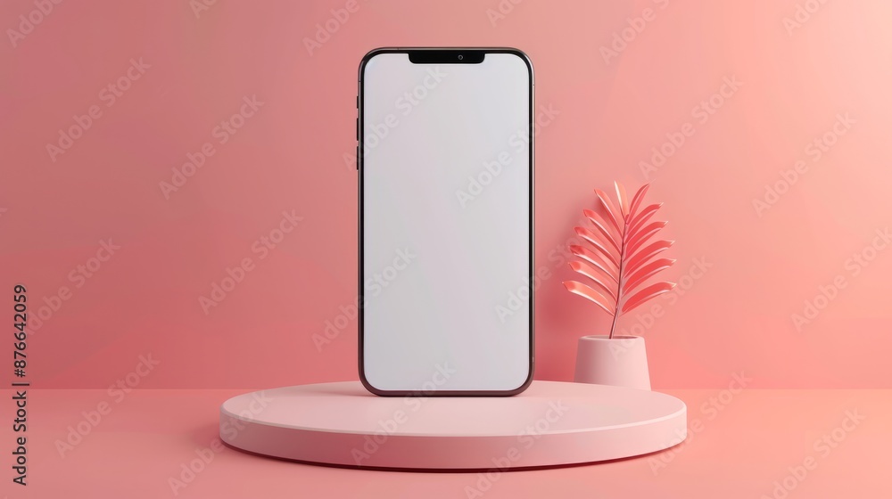 Poster mobile phone with a blank screen on podium. mockup template of modern smartphone. 3d rendering