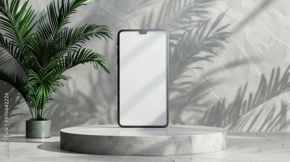 Poster mobile phone with a blank screen on podium. mockup template of modern smartphone. 3d rendering