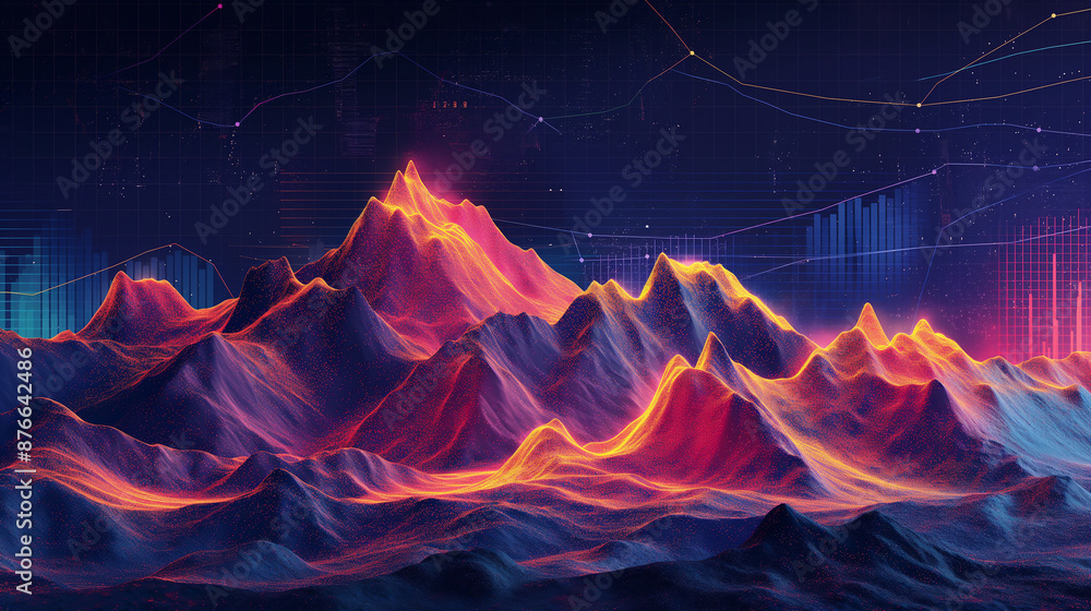 Poster colorful 3d landscape forming abstract mountain range with glowing chart lines
