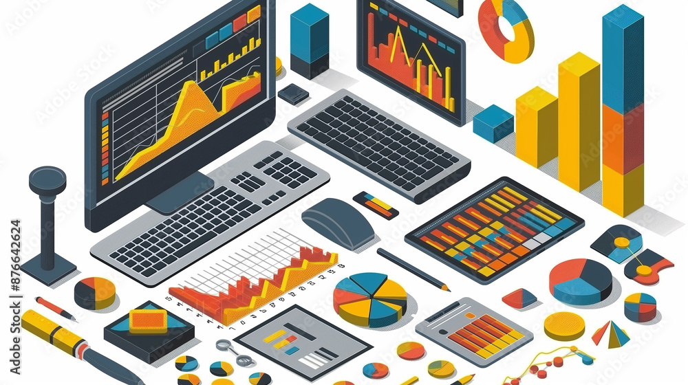 Poster business analytics concept with charts and computer devices showing growth