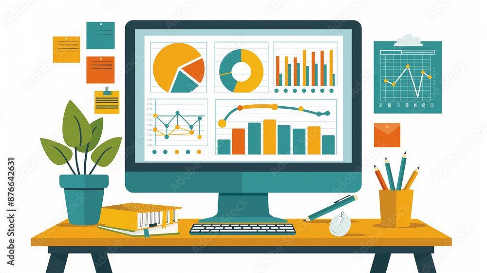 Poster modern workplace with computer showing statistical business infographics