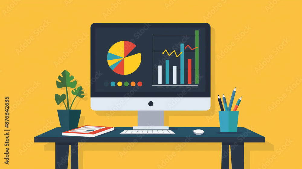 Poster Modern office desk showing charts and data on computer screen