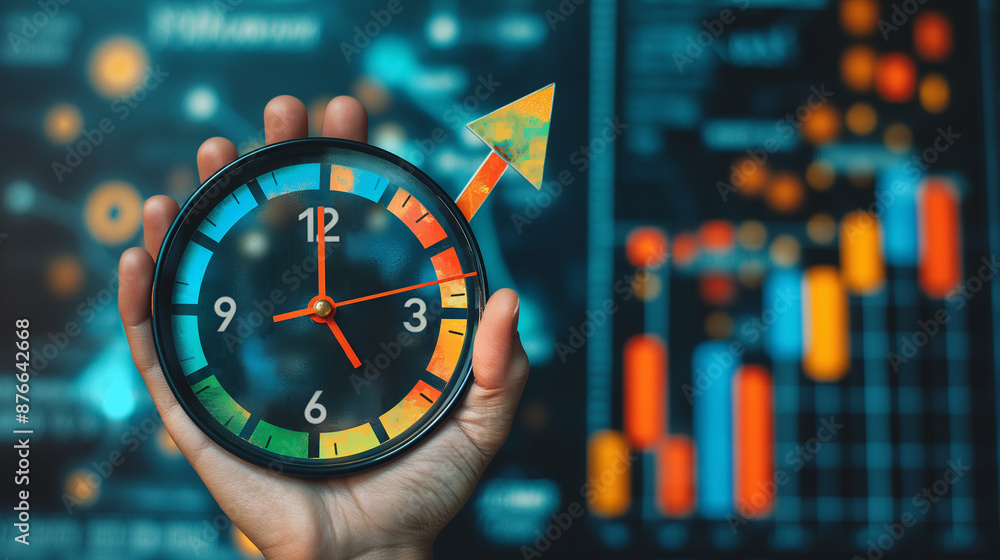 Poster businessman holding clock showing time passing and business graph growing up