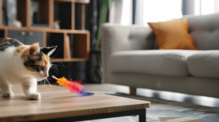 Calico cat chasing a colorful feather toy on a modern coffee table in a minimalist living room