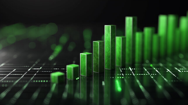 Green stock market graph showing growth on a grid background