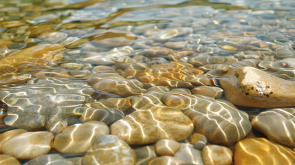 Close-up of golden pebbles and smooth river stones on a freshwater shore, with clear water rippling and reflecting the sky