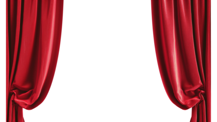 Red stage curtain on a white background with copy space at the top view. The concept of cinema, theater performance, or award ceremony transparent