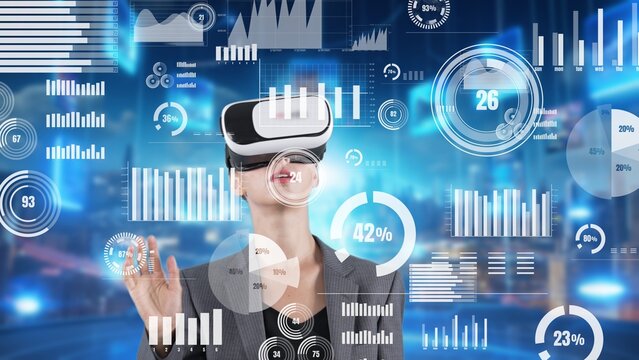 Woman pressing start opening VR analyze financial business at office uploading transform to interface digital infographic network technology virtual 3d animation meta programing at front. Contraption.