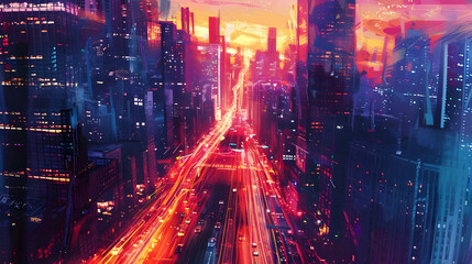 Obraz premium Colorful twilight at a cityscape with skyscrapers lighting up and bustling streets filled with moving car headlights