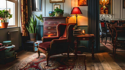 Cozy lounge with velvet armchair, antique dresser, vintage lamp, and eclectic decor accents. Dining room softly lit in the background