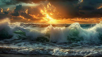Crashing waves during beautiful sunset over wild coastal landscape