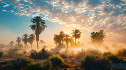 Desert oasis with palm trees enveloped in early morning mist, creating a surreal and refreshing contrast in the arid landscape