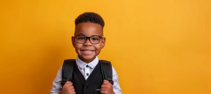 Curly-haired smiling African schoolboy with a backpack and glasses on a yellow background