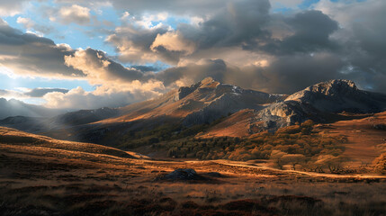 Dramatic clouds illuminated by a setting autumn sun, casting long shadows on a rugged mountain range