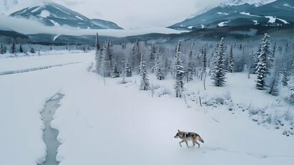 Drone footage capturing a lone wolf running through a snowy wilderness, with pine trees and mountains in the background