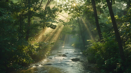 Obraz premium Early morning mist over a dense forest with sun rays piercing through the trees and a peaceful stream flowing through the greenery