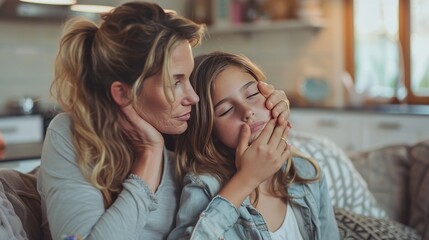 Naklejka premium A woman is comforting a child on a couch