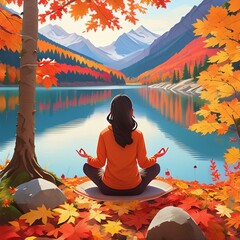 Mindfulness in Nature: Meditation by the Lake in the Fall. Mindful Travel