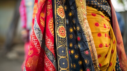 Traditional block-print outfits, worn during cultural celebrations, feature vibrant designs and symbolize heritage.