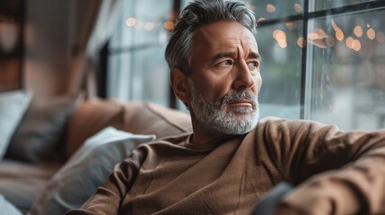 Fototapeta premium A man with a beard and gray hair is sitting on a couch looking out the window