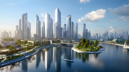 Futuristic skyscrapers with reflective glass facades rise above a serene waterfront, integrating seamlessly with parks, walkways, and luxury residences