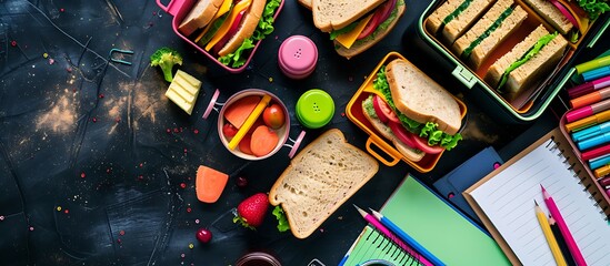 Flat lay of school supplies and lunch boxes with sandwiches on dark background, top view. Healthy food concept.