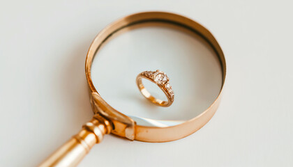 Magnifying glass focusing on engagement ring close-up detailed inspection jewelry romantic proposal love