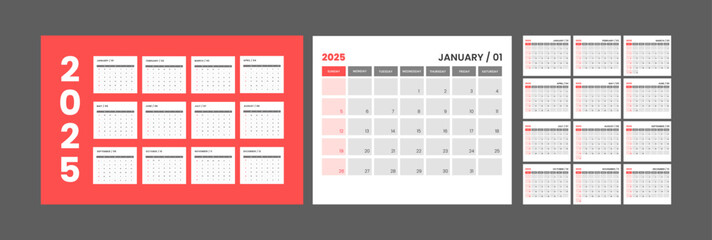 editable minimal calendar design 2025. Week starts on Sunday. Place for notes. Minimalist trendy design for desktop design calendar planner.