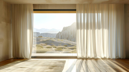 Large window with sheer drapes in a minimalist home built from recycled materials to evoke a serene desert landscape