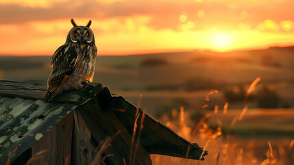 Long-eared owl resting on a weathered barn roof in a rural countryside, with rolling hills and a golden sunset behind