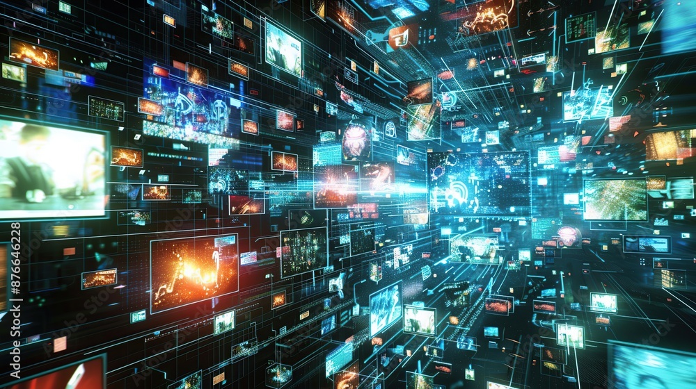 Poster Cyberspace with binary code and digital data tunnel