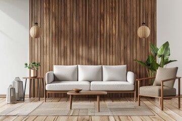 Serene Minimalist Living Room with Wooden Floor, Modern Furniture, and Neutral Decor