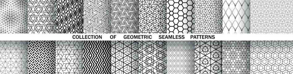 Geometric set of seamless black and white patterns. Simple vector graphics.