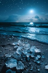 Sparkling crystals scattered across a sandy beach under the moonlight, Generative AI