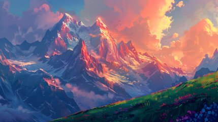 Majestic mountain sunset with snow-capped peaks and alpine meadows in warm evening light