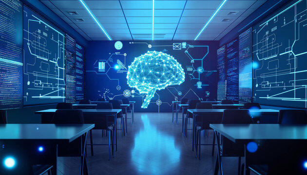 Modern classroom with digital brain hologram advanced technology artificial intelligence futuristic learning innovation