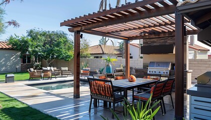 Modern patio furniture include a pergola shade structure, an awning, a patio roof, a dining table, seats, and a metal grill