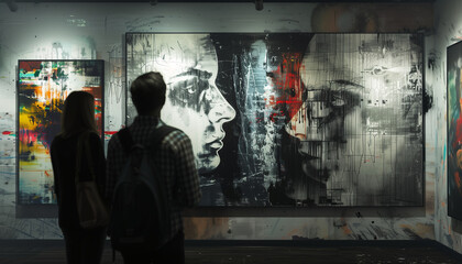 Couple viewing monochrome abstract art exhibit with expressive faces contemporary gallery modern creativity indoors