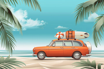 Car with luggage and beach ball on roof, surfboard on the back, summer vacation concept