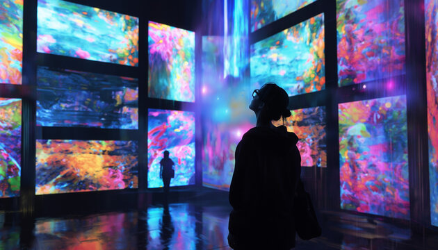 Person standing in immersive digital art exhibit with vibrant colors abstract futuristic technology innovation modern